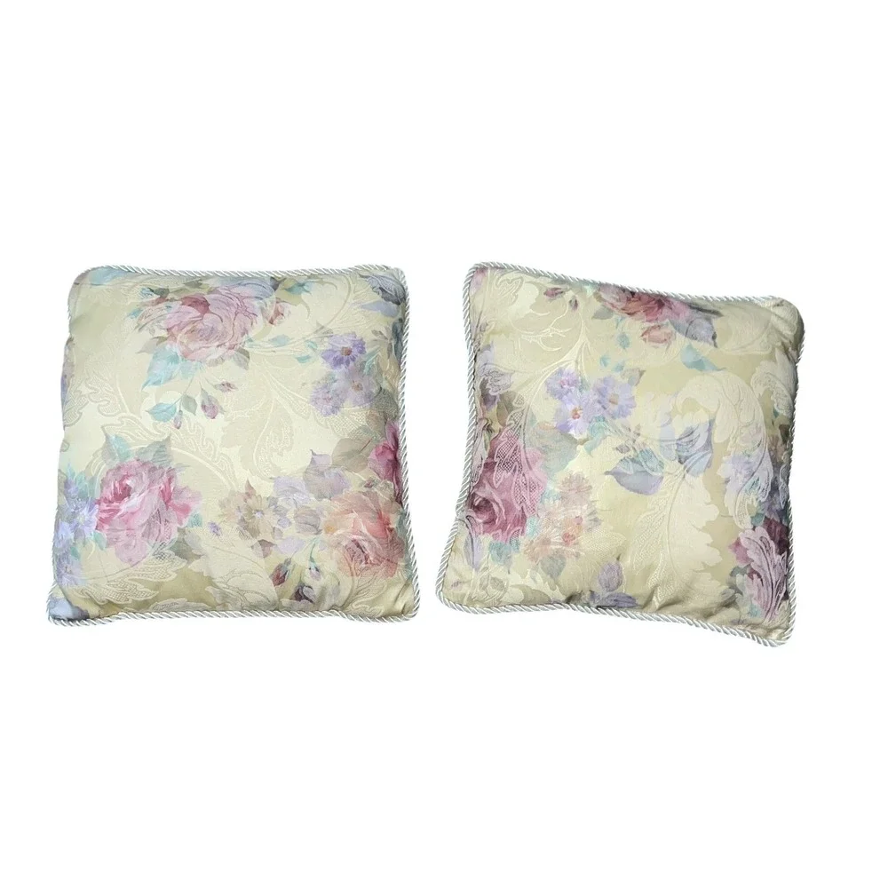Floral Decorative Throw Pillow Set 2 Vintage Cottagecore Pastel Rope Trim 14x14